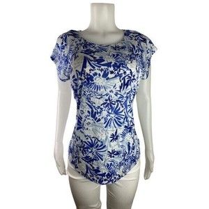 F. Joie Linen Top Size L Multicolor Blouse Cap Sleeve Round Neck NWT